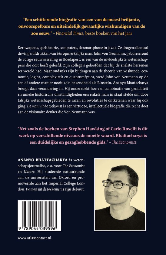 Portret van Ananyo Bhattacharya met bril. Achtergrond met tekst over de biografie.