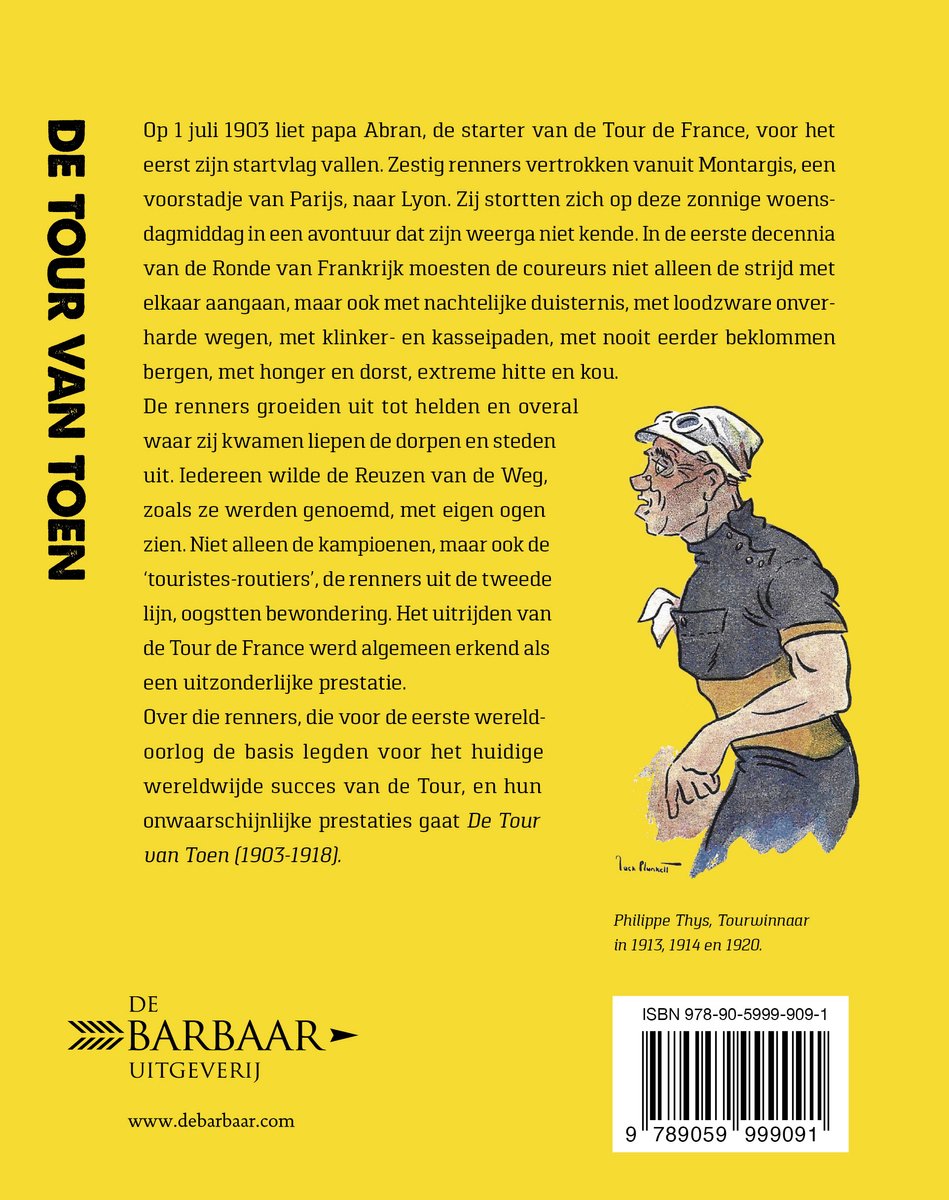 Boekomslag met tekst en een illustratie van een wielrenner, getiteld 'Philippe Thys, Tourwinnaar in 1913, 1914 en 1920'.