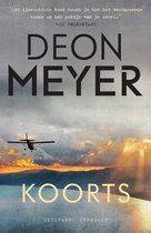 Boekomslag met de titel 'KOORTS' en een klein vliegtuigje dat opstijgt bij zonsondergang.