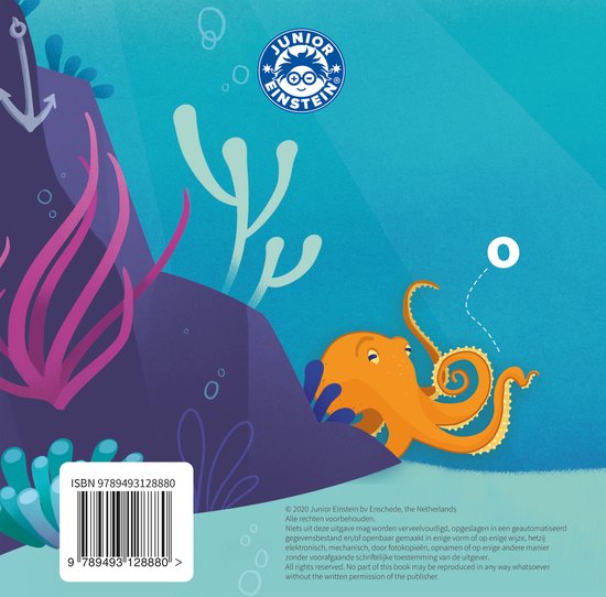 Couverture du livre d'activités Junior Einstein avec une pieuvre, du corail et une ancre.