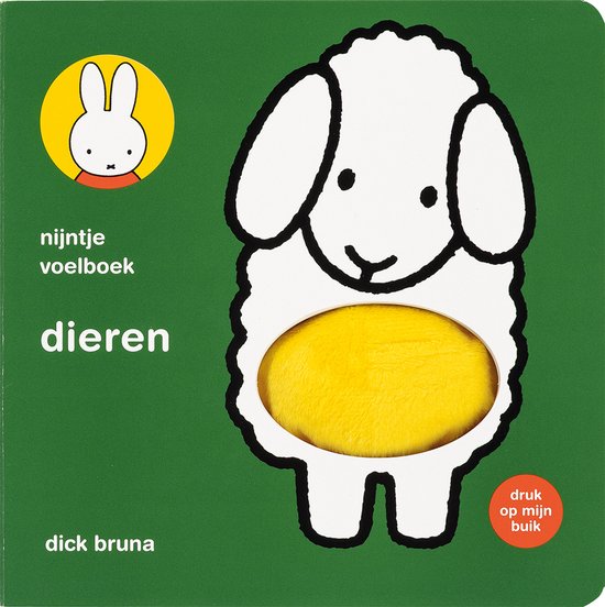 Een miffy voelboek met dieren. Een wit schaap met een geel, zacht voelelement op de buik.