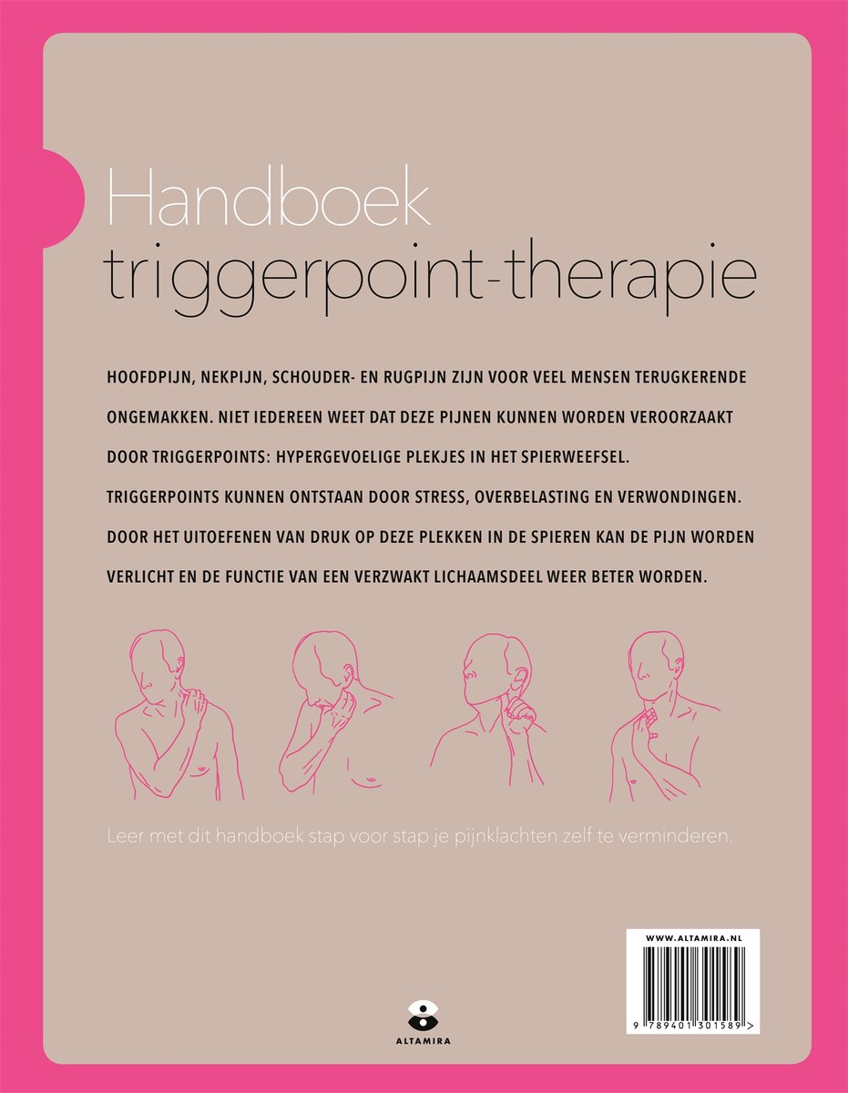 Achterkant Handboek triggerpoint-therapie: tekst en vier lijntekeningen van het menselijk lichaam met pijn, op een roze achtergrond.