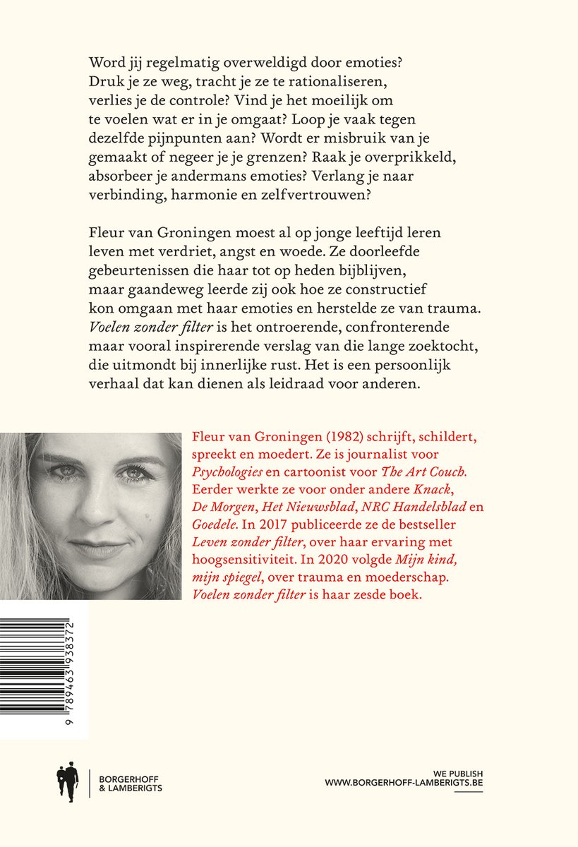 Portret van de auteur Fleur van Groningen, met tekst over haar boek 'Voelen zonder filter'.