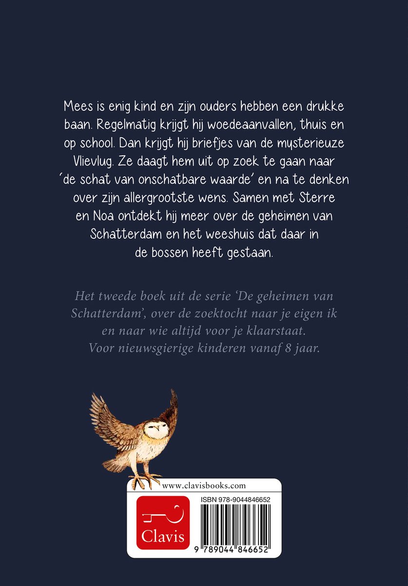 Boek "Vlievlug" van "De geheimen van Schatterdam" met een uil en een vos op de kaft.