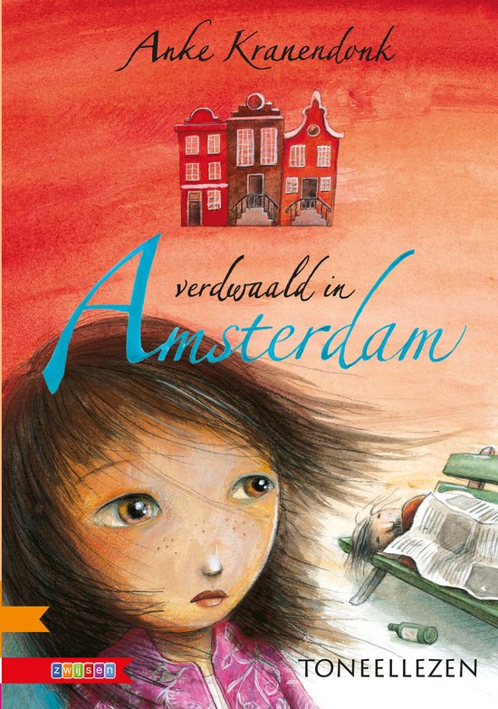 Boekomslag met een close-up van een meisje met wapperend haar en bruine ogen. Op de achtergrond staan Amsterdamse huizen en een ander meisje dat op een bankje ligt.