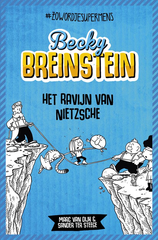 Boekomslag met titel Becky Breinstein, Het Ravijn van Nietzsche. Illustratie van personages die over een ravijn balanceren.
