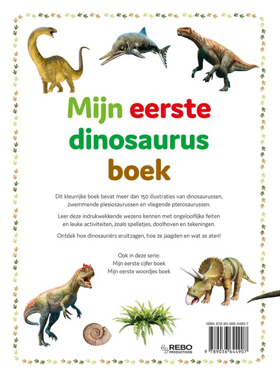 Boekomslag met de tekst "Mijn eerste dinosaurus boek", informatie over het boek en illustraties van dinosaurussen.