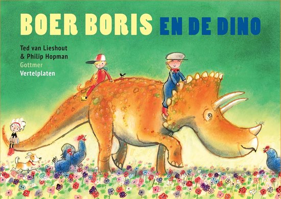 Boer Boris en de Dino: een jongen en meisje rijden op een oranje Triceratops, omringd door bloemen.