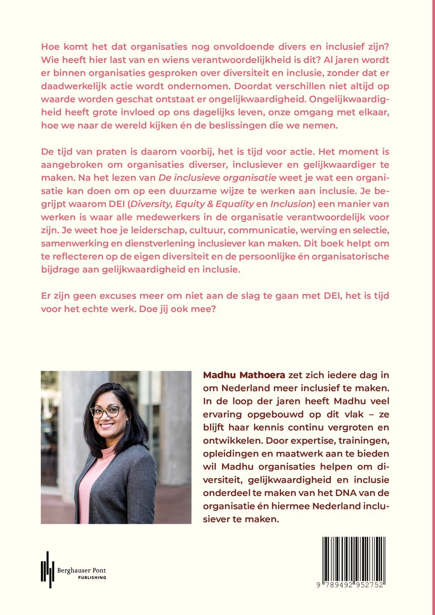 Boekomslag met een portret van een vrouw, Madhu Mathoera, en tekst over de noodzaak van inclusieve organisaties. ISBN: 9789492952752.