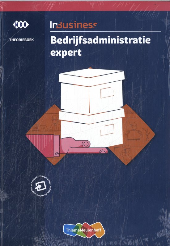 Theorieboek Bedrijfsadministratie expert met illustraties van witte dozen en zakelijke figuren op een donkerblauwe achtergrond.