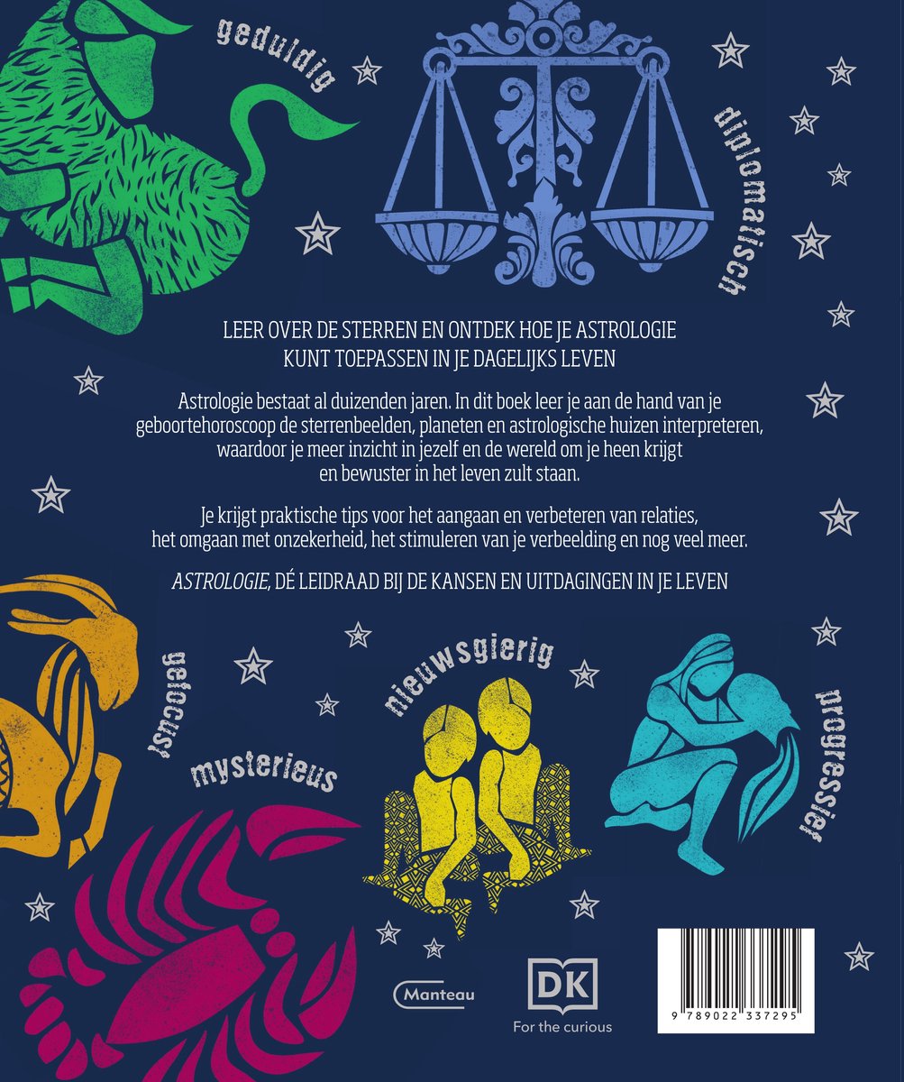 Boek kaft achterkant met tekst en astrologische symbolen zoals de stier, schorpioen, tweelingen, waterman en ram.