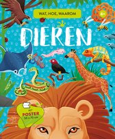 Boek met titel 'Dieren - Wat, hoe, waarom', met illustraties van verschillende dieren zoals een leeuw, giraf, hagedis, slang en roofvogel.