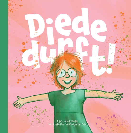 Diede durft! - Een illustratie van een meisje met rood haar en een groene jurk, met haar armen wijd open. De achtergrond is roze met kleurrijke spetters.