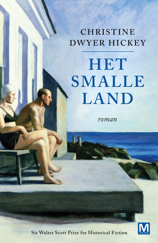 Boekcover van 'Het Smalle Land' met een schilderij van een man en een vrouw op een terras aan zee.