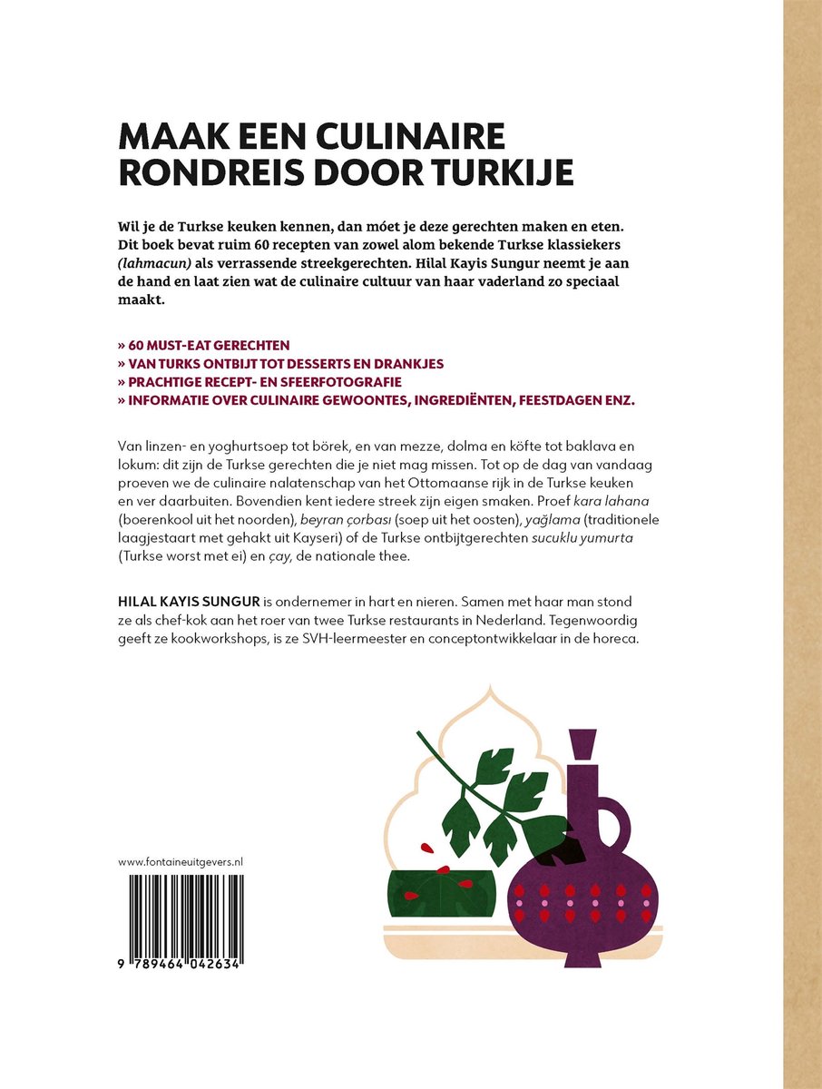 Boekpagina met tekst en illustraties van Turkse gerechten, waaronder een fles en een takje met rode bessen.
