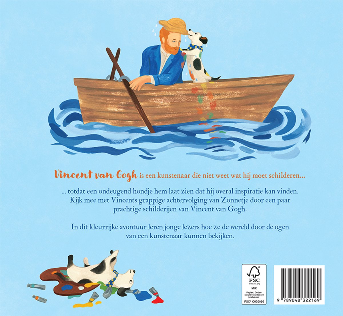 Vincent van Gogh en zijn hond in een boot op de golven, met verfpaletten en penselen aan de zijkant.