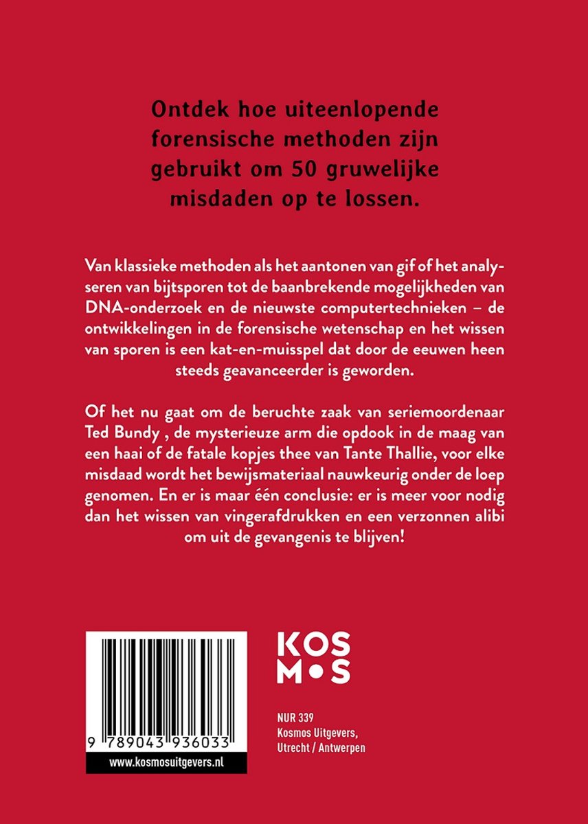 Achterkant boek met tekst over forensische methoden bij het oplossen van misdaden en ISBN.
