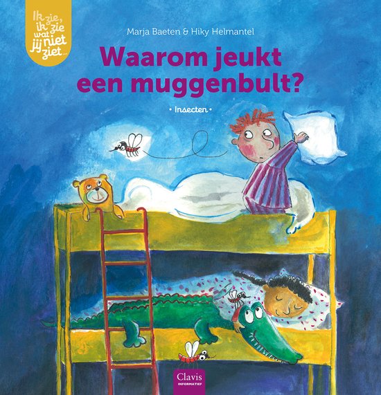 Een jongen in bed ligt op de bovenste plank. Een krokodil en een beer in pyjama liggen op de onderste plank. Muggen vliegen rond.