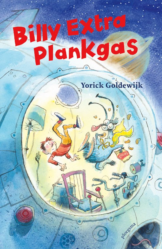 Illustratie van de voorpagina van "Billy Extra Plankgas". Een jongen en een buitenaards wezen in een ruimteschip.