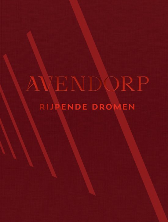 Boekomslag met de titel AVENDORP en RJPENDE DROMEN in glanzend rood op een donkerrode gestreepte achtergrond.