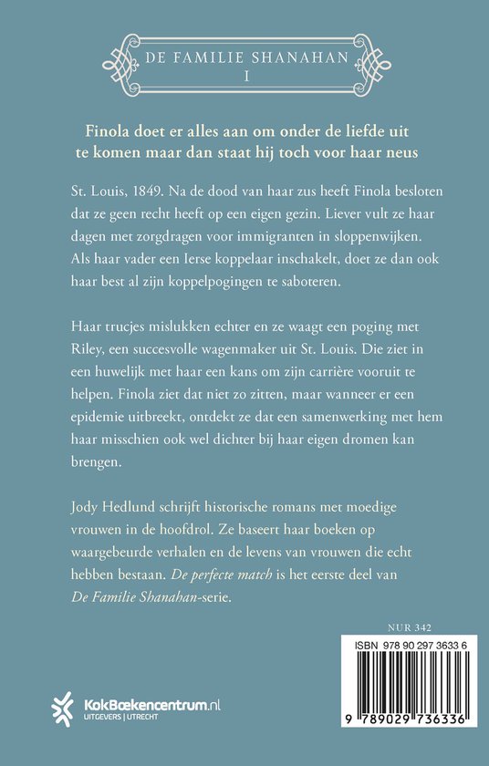 Achterkant van het boek De Perfecte Match, met beschrijving van het verhaal door Jody Hedlund.