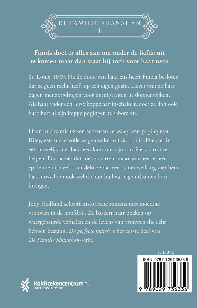 Achterkant van het boek De Perfecte Match, met beschrijving van het verhaal door Jody Hedlund.