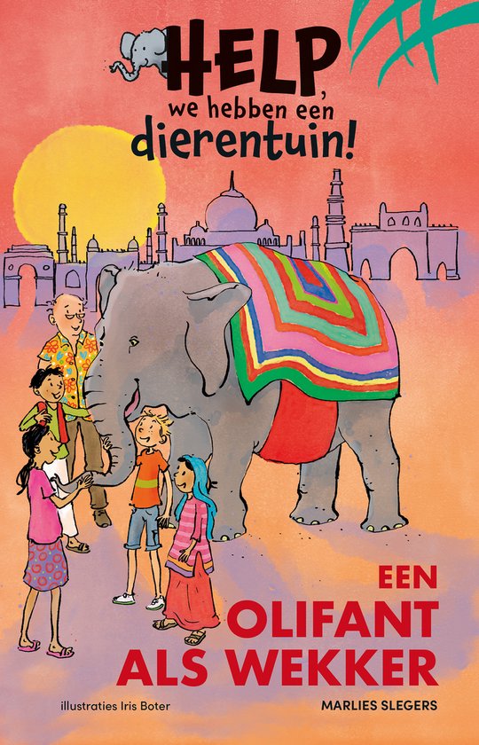 Boekomslag: olifant met kleurrijke deken, met mensen en Indische gebouwen op achtergrond.