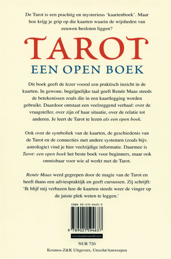 Achterkant boek 'TAROT EEN OPEN BOEK' met tekst en ISBN-barcode.