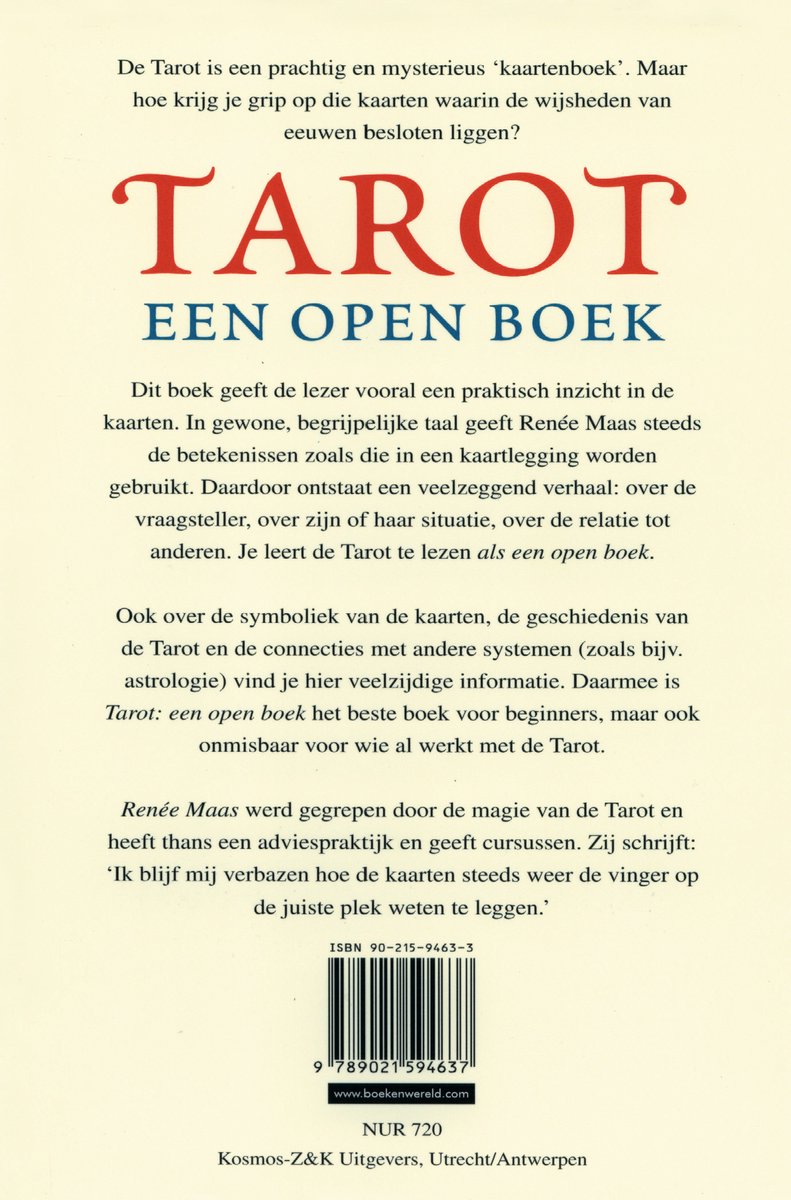 Achterkant boek 'TAROT EEN OPEN BOEK' met tekst en ISBN-barcode.