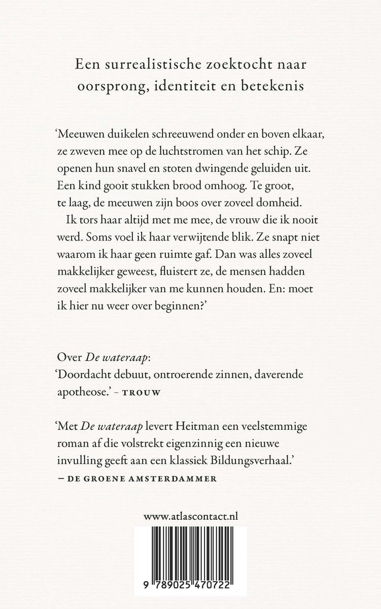 Boekomslag met tekst. Titel: Een surrealistische zoektocht naar oorsprong, identiteit en betekenis. Omslag is wit met zwarte tekst.