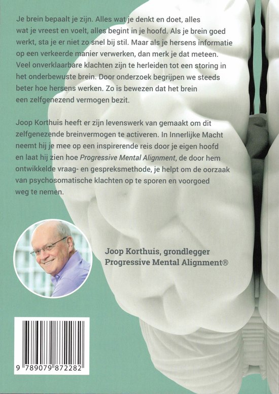 Achterkant van het boek 'Innerlijke Macht' met een foto van Joop Korthuis en een beschrijving van het boek.