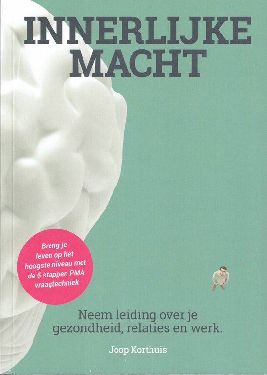 Boek 'Innerlijke Macht' met een groene achtergrond, een witte hersenafbeelding, en de tekst "Neem leiding over je gezondheid, relaties en werk."
