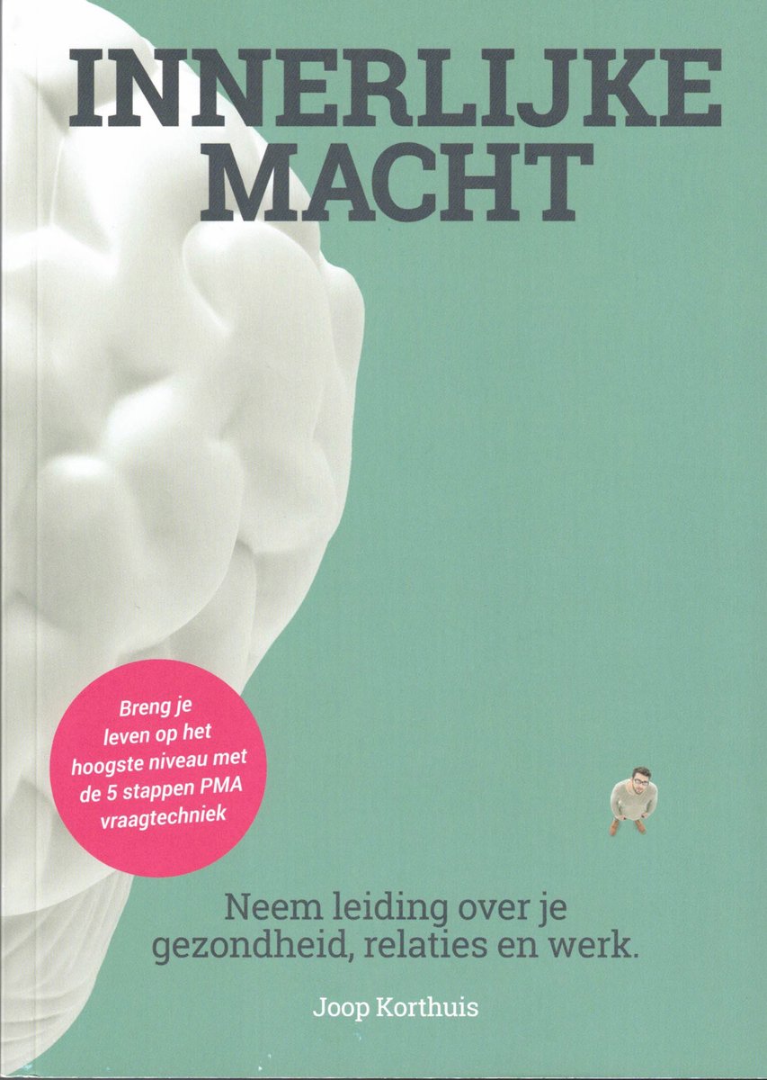 Boek 'Innerlijke Macht' met een groene achtergrond, een witte hersenafbeelding, en de tekst "Neem leiding over je gezondheid, relaties en werk."