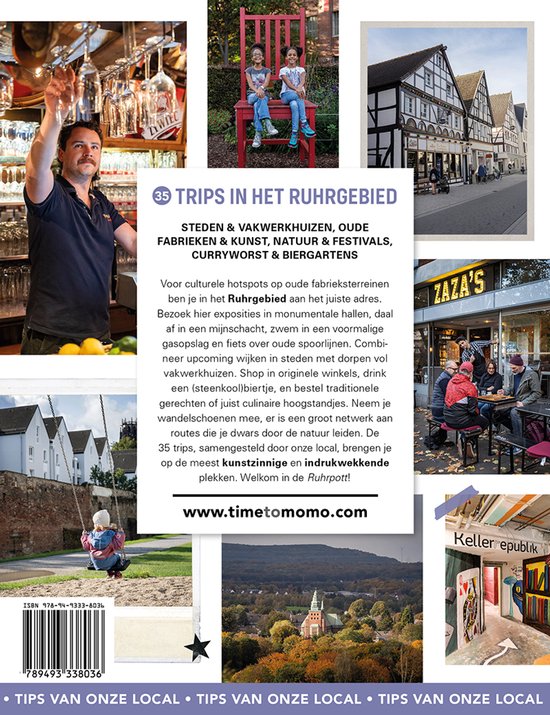 Collage met foto's van het Ruhrgebied: een man in een bar, twee meisjes op een stoel, vakwerkhuizen, een restaurantterras, een kind op een schommel.