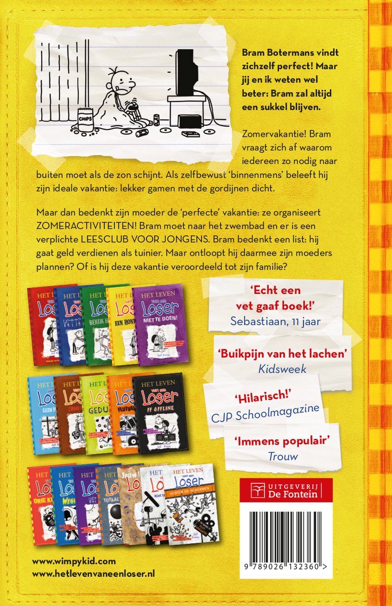 Achterkant van 'Het Leven van een Loser 4 - Een Hondenleven'. Bevat een samenvatting, recensies en afbeeldingen van andere boeken in de serie.