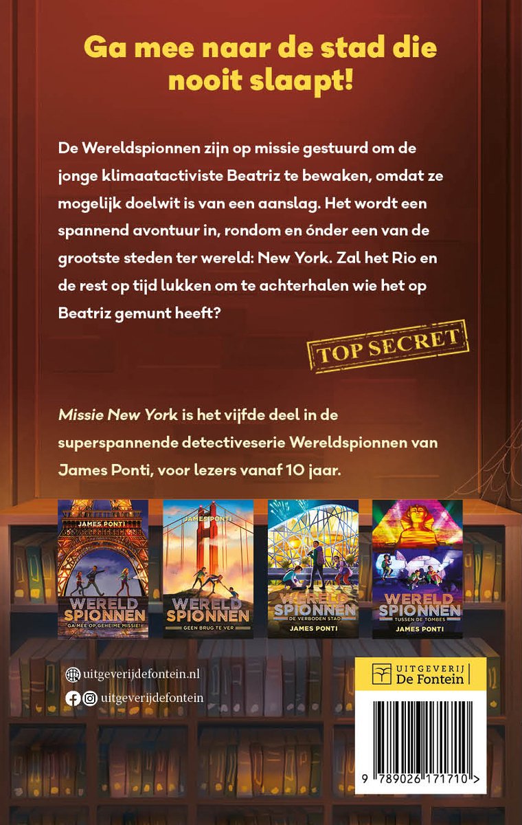 Boekcover met de titel 'Wereldspionnen Missie New York'. Hierop staan 4 kleinere boekcovers met de serie 'Wereldspionnen'.
