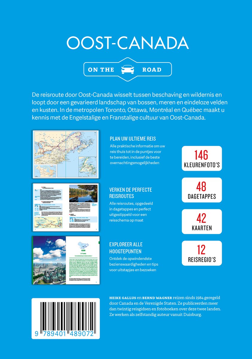 Omslag met titel 'OOST-CANADA ON THE ROAD'. Bevat kaarten, foto's en tekst over reizen.