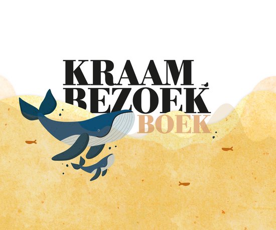 Titelpagina 'Kraambezoekboek' met illustratie van een blauwe walvis met jong en kleine visjes.