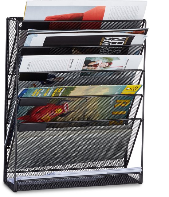 relaxdays porte-revues mural - porte-lecture mural A4 - porte-revues - 6 pochettes noires