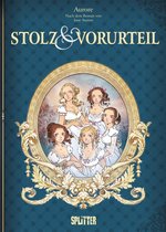De cover van 'Stolz & Vorurteil', een bewerking van Jane Austens roman, toont vijf jonge vrouwen in witte kledij, ingelijst in een sierlijk gouden kader.
