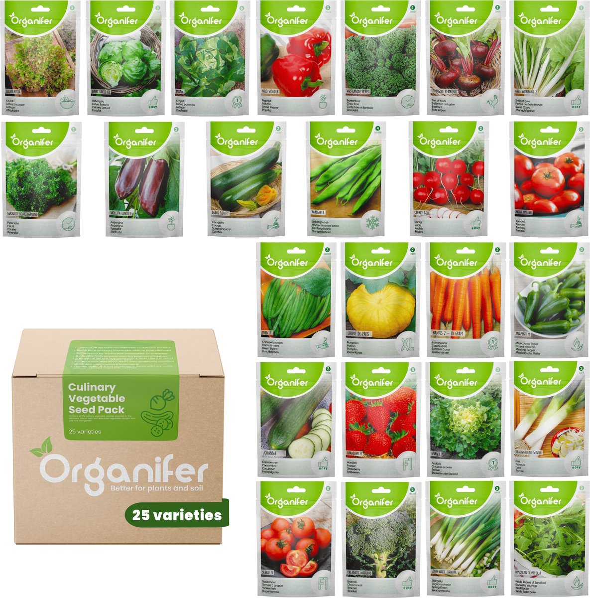 Groentezaden Pakket - Moestuinzaden - 25 Culinaire Soorten - Groentezaden - Tomaten Zaden - Komkommer Zaden - Peper Zaden - Aardbeien Zaadjes - Paprika Zaden - Groentezaden Moestuin - Organifer