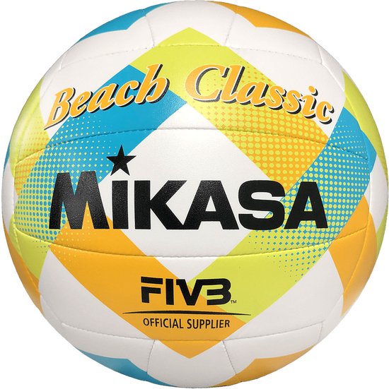 Wit beachvolleybal met Mikasa logo, "Beach Classic" tekst in geel en oranje, en een patroon van blauwe en gele ruiten.