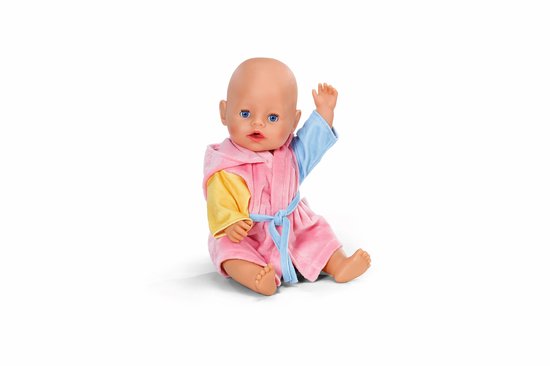Baby Born pop in roze badjas met gele en blauwe mouwen, met riem.