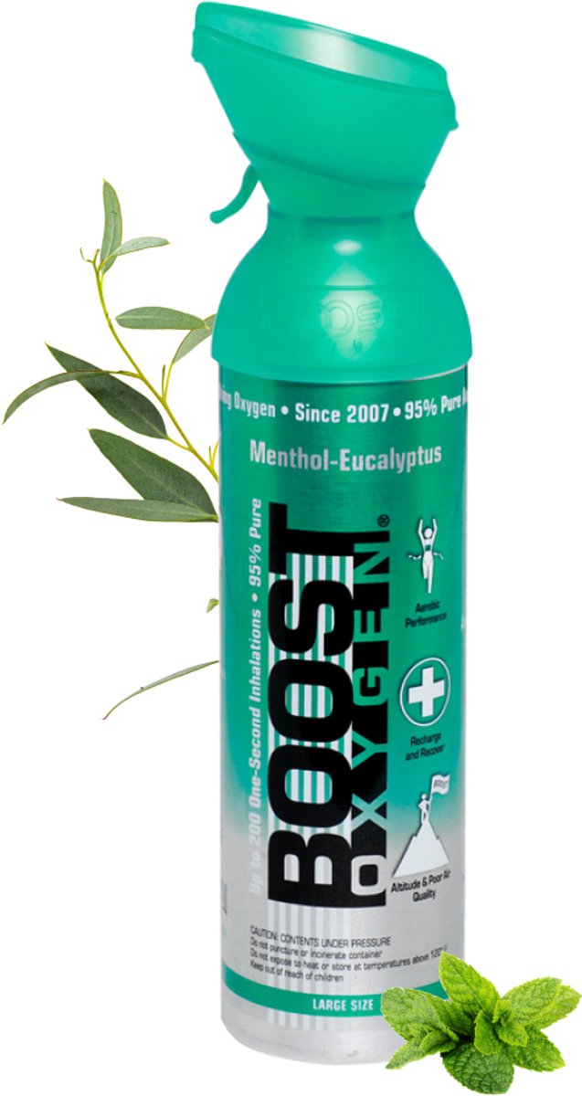 Boost Oxygen 9L - Menthol Eucalyptus - 95% Pure Zuurstof - Tot wel 200 inhalaties - Ademhalingsondersteuning voor sport herstel, hoogte, prestaties en gezondheid - Zuurstoffles
