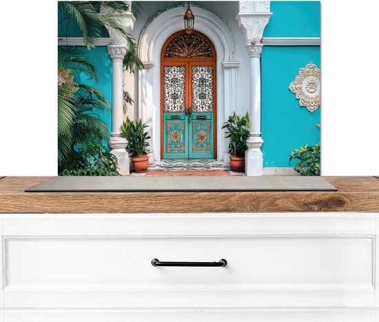 Crédence de Cuisinière en Aluminium 70x50 cm - Colonnes - Décoratives - Porte - Bleu - Écran Pare-éclaboussures pour Plaque de Cuisson - Protection Murale