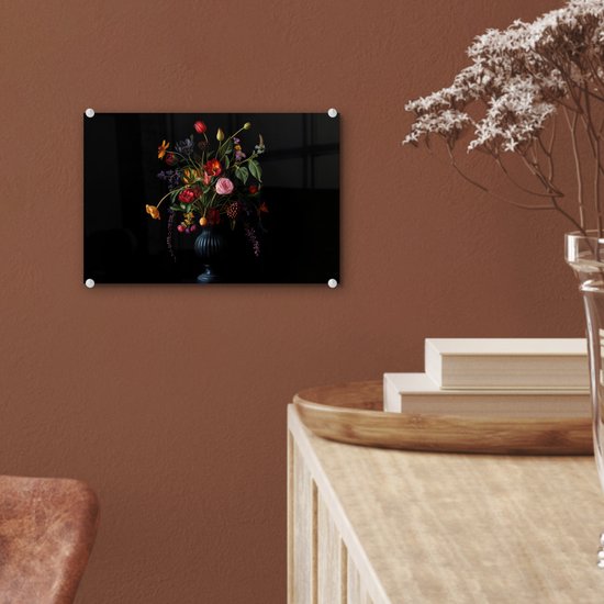 MuchoWow® Glasschilderij 30x20 cm - Schilderij acrylglas - Bloemen - Bessen - Klassiek - Foto op glas - Muurdecoratie woonkamer - Wanddecoratie slaapkamer - Schilderijen