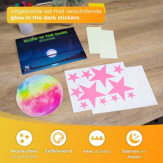 Nuvance - Glow in the Dark Sterren en Maan - 444x - Muurstickers Slaapkamer en Kinderkamer - Stickers - Sterrenhemel - Multicolor