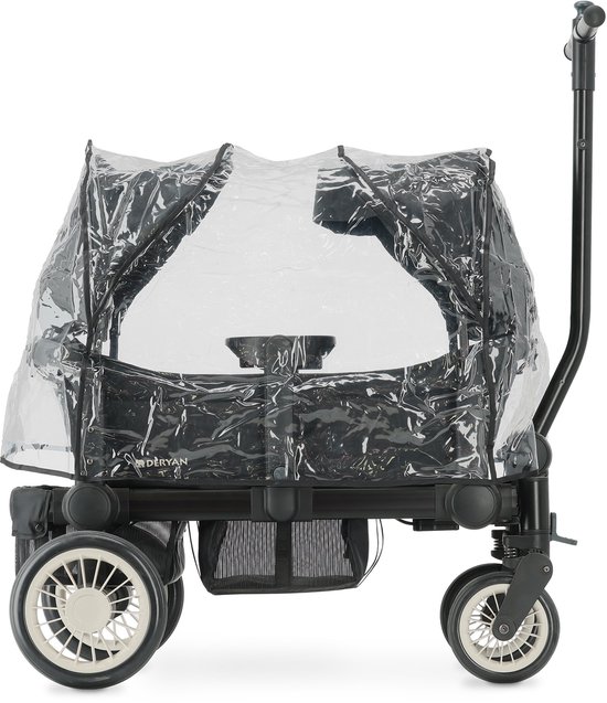Chariot Deryan Sandy avec housse de pluie transparente. Noir avec roues crème.