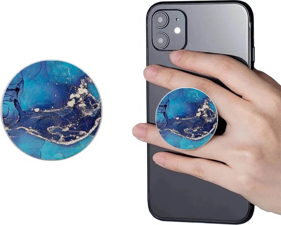 ADEL Telefoonbutton Zelfklevend en Uittrekbaar voor Stevige Grip - Telefoon Ring Vinger Houder Universeel voor Smartphone en Tablet - Geschikt voor iPhone, LG, Huawei, Motorola, Google Pixel, Samsung, Honor, Lenovo en Xiaomi - Marmer Blauw