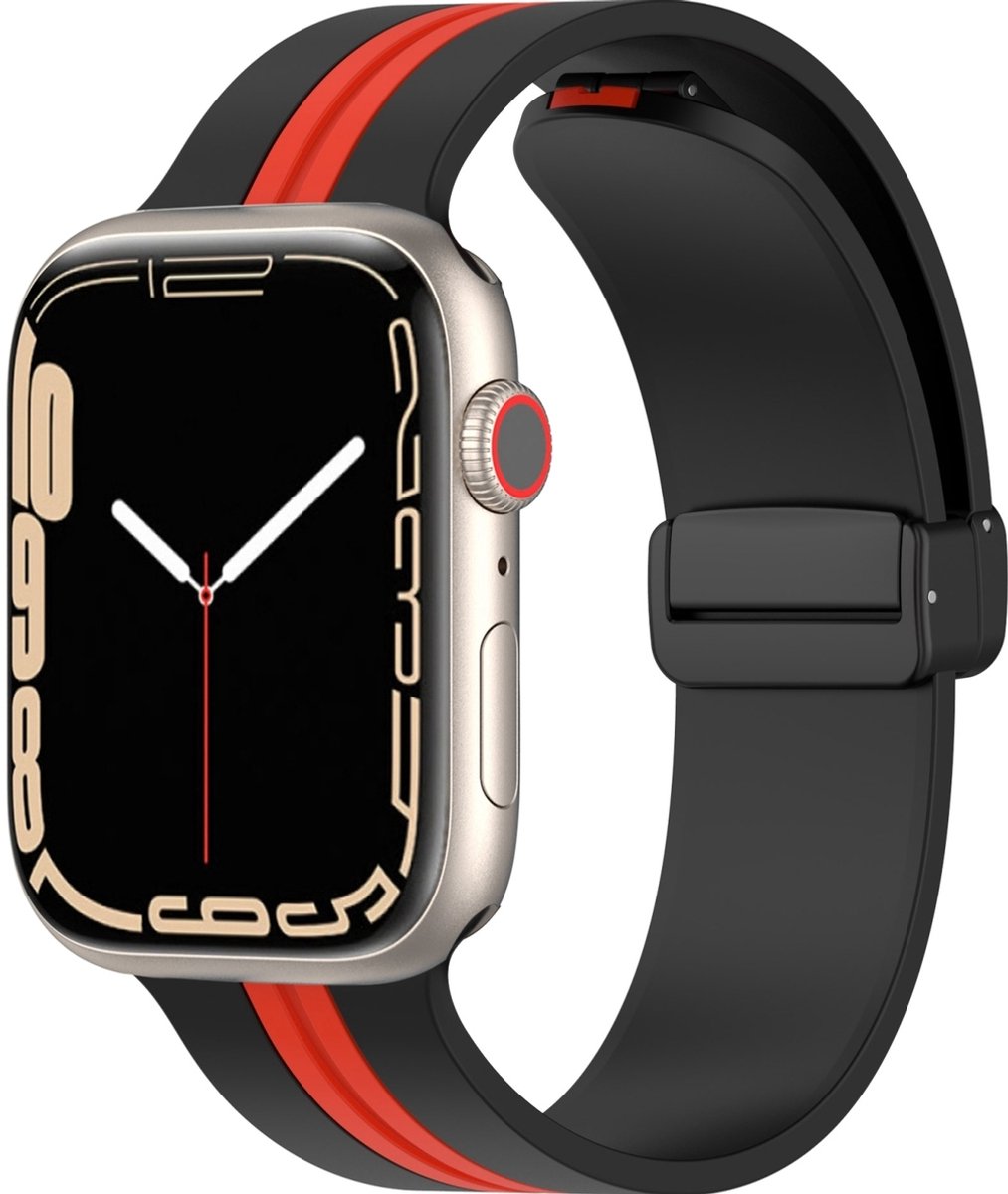 Mobigear Siliconen Watch bandje geschikt voor Apple Watch Bandje Magneetsluiting | Mobigear Stripe Mag - 42/41/40/38 mm - Zwart / Rood
